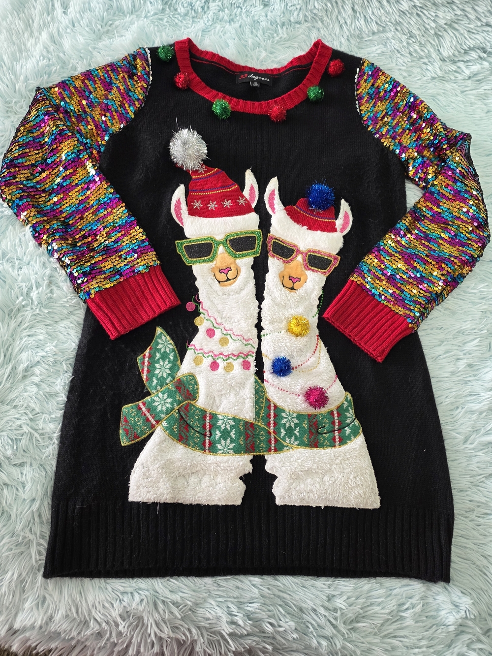 33 Degrees Llama Ugly Christmas Sweater Dress Sequin Sleeves Poms Jr M